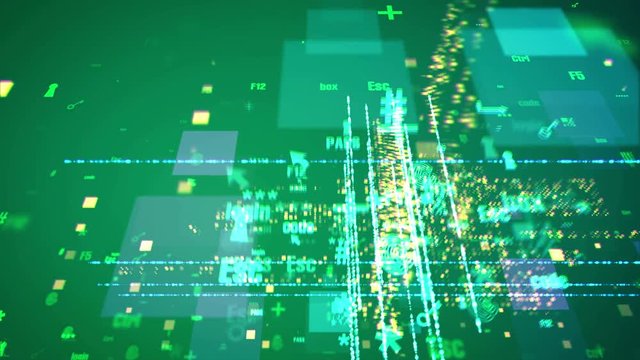 A volumetric 3d rendering of cyber signs such as F2, f15, box, login, keyhole, escape, arrow, whirling among stripes of shining spots in the olive background in seamless loop.