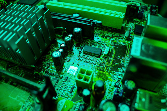 Electronic computer hardware technology. Motherboard digital chip background.
