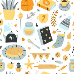 Christmas seamless pattern with cozy elements. Cute vector background with hygge design doodles, food, interior objects and decorations