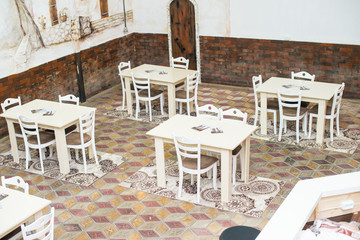 Restaurant empty table and chairs, Cafe terrace table