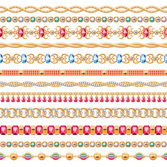 Colorful gemstones seamless horizontal borders set.