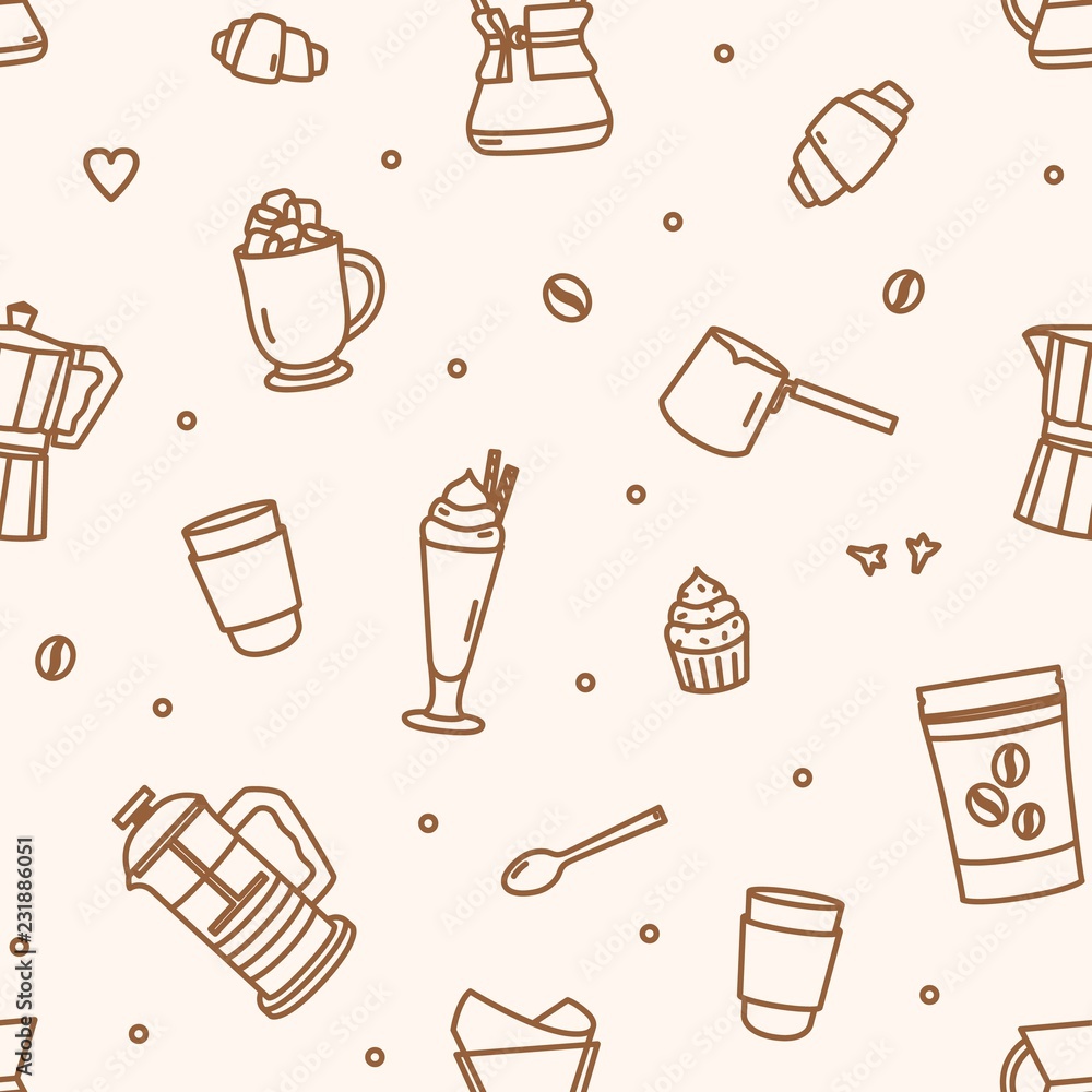 Poster monochrome seamless pattern with tools and utensils for coffee brewing drawn with contour lines on l