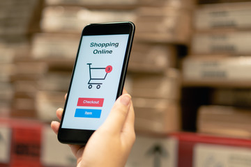Online shopping with smartphone and shopping bags delivery service using as background shopping concept and delivery service concept with copy space  for your text or  design.