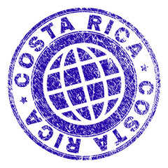 COSTA RICA stamp print with distress texture. Blue vector rubber seal print of COSTA RICA text with retro texture. Seal has words arranged by circle and planet symbol.