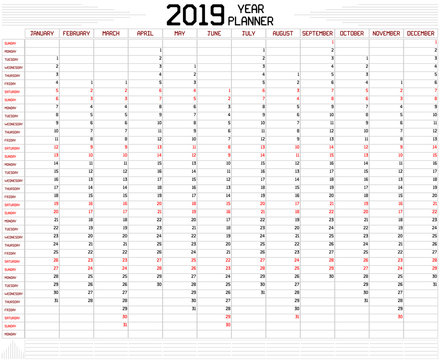 Year 2019 Planner - An annual planner calendar for the year 2019 on white. A custom straight lines thick font is used.