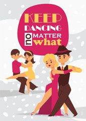 Dancing man and woman ballroom, sports dances. Tango, waltz, Latin American dances vector illustration. Dance studio.