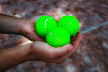 Male tennis player hands hold three green balls, sport activity concept.