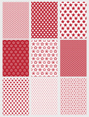 Cute Abstract Vector Patterns Set. 9 Various Geometric Star Designs. White and Red Color. Simple Two Colors Graphic. 