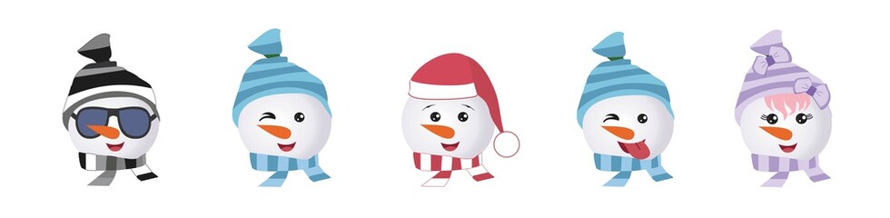 Set of Graphic Emoticons - snowmans. Collection of Emoji. Smile icons. Vector illustration on white background