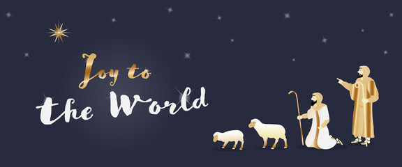 Christmas time. The shepherds in the fields with sheeps. Text : Joy to the world.