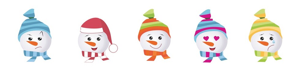 Set of Graphic Emoticons - snowmans. Collection of Emoji. Smile icons. Vector illustration on white background