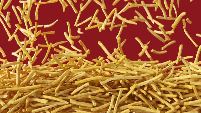 French fries falling down from top, fast food, junk food background texture pattern with alpha channel
