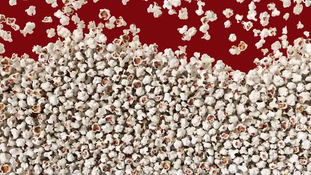 Popcorn falling down from top, fast food background texture pattern with alpha channel. Salty pop corn on red background.
