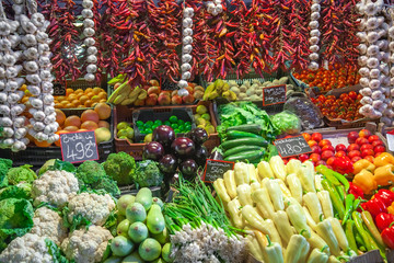 Sale of vegetables and fruit in bowls in the market