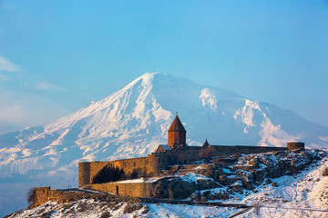 Ancient Armenian church Khor Virap with Ararat on background.