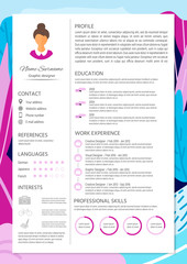 Feminine resume with infographic design. Stylish CV set for wome - obrazy, fototapety, plakaty
