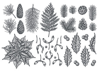 Christmas object set. Hand drawn vintage illustration. Xmas collection.