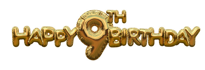 Happy 9th birthday gold foil balloon greeting background. 3D Rendering