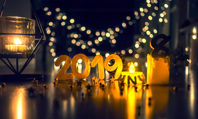 Happy New Year 2019, Symbol from number 2019 on wooden background.