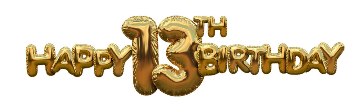 Happy 13th birthday gold foil balloon greeting background. 3D Rendering