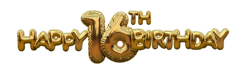 Happy 16th birthday gold foil balloon greeting background. 3D Rendering