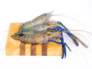 Fresh shrimp on wooden cutting board ,River prawn in Thailand, isolated on white background