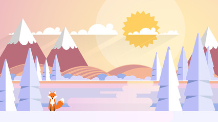 Winter Landscape with Fox in Flat Style Illustartion
