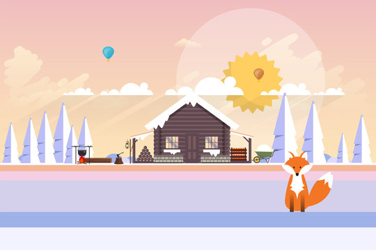 Wood House Landscape Background. Flat Vector Illustration

