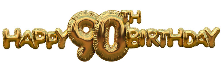 Happy 90th birthday gold foil balloon greeting background. 3D Rendering