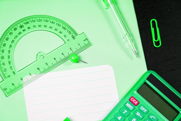School and office supplies on office table. Male or boyish still life on the topic of school, study, office work.