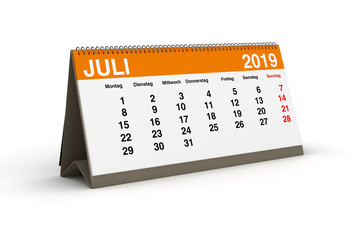 Juli 2019 - Tischkalender als 3D Illustration