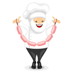 Cute chef character. Funny cook in white hat holding bunch of sausages. Vector illustration in cartoon style.