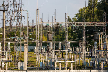 General view to high-voltage substation with switches and disconnectors