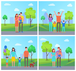 Family Walking in Park Vector Banner Cartoon Style
