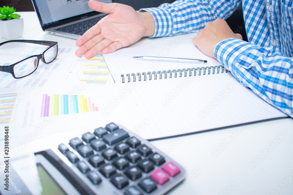 Poster business analysts are analyzing financial charts. in the concept of data collection and statistical 