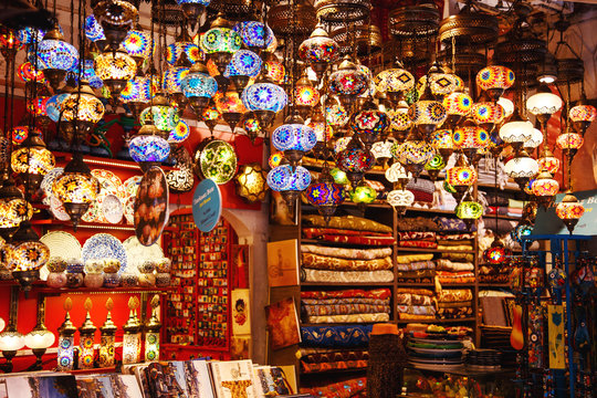Traditional handmade turkish lamps in souvenir shop.