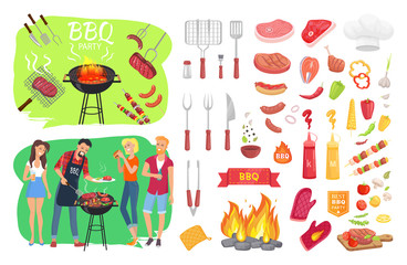 BBQ Party Set People Cooking Vector Illustration