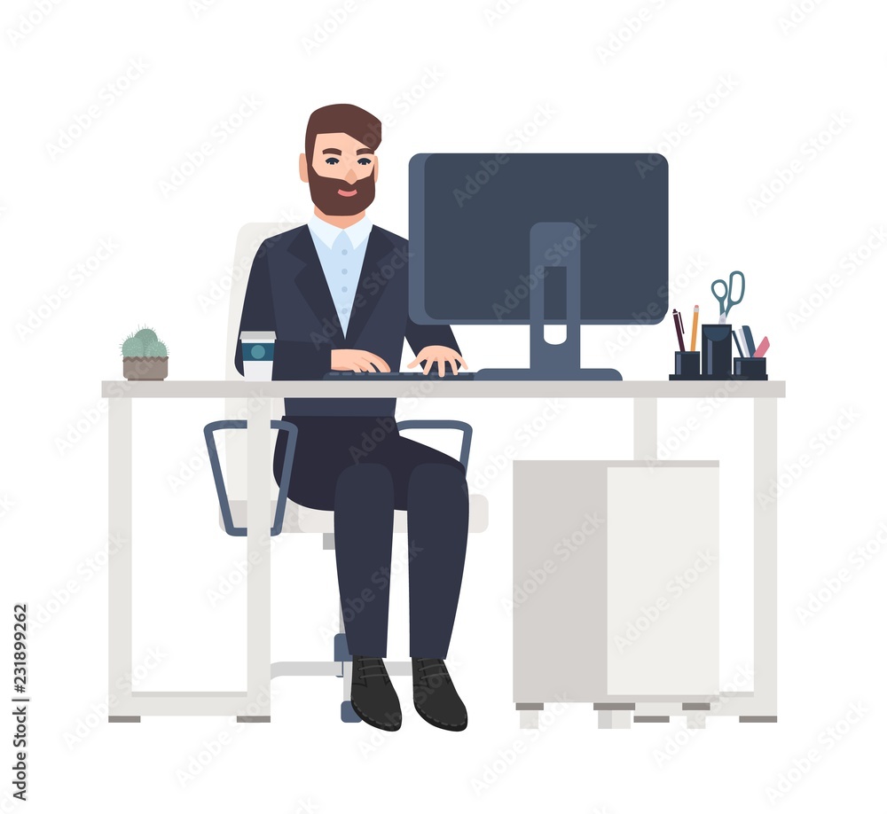 Poster cheerful male office worker or clerk sitting at desk and working on computer. smiling manager at its