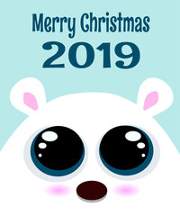Christmas card 2019. Cute polar bear wishes merry Christmas and New year. Cover design 2019