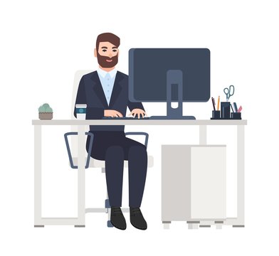 Cheerful male office worker or clerk sitting at desk and working on computer. Smiling manager at its workplace isolated on white background. Colorful vector illustration in flat cartoon style.