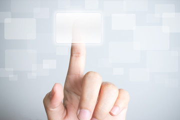 Hands are touching buttons on the 3D screen in the business technology concept.