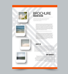 Orange flyer design template with built in images. Brochure for business, education, presentation, advertisement. Corporate identity concept. Editable vector illustration.