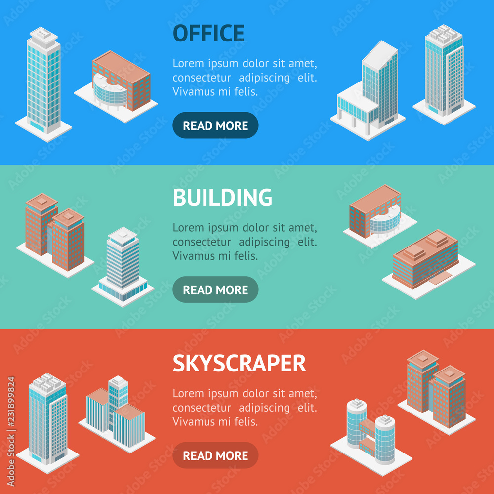 Aufkleber different types office building 3d banner horizontal set isometric view. vector