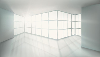 Illuminated office room with sun rays. Vector illustration.