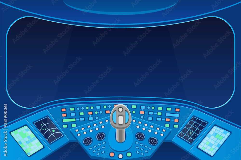 Poster spaceship cabin interior and view empty window background card. vector