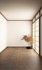 Empty room interior,Traditional Japanese door on floor wooden. 3D rendering