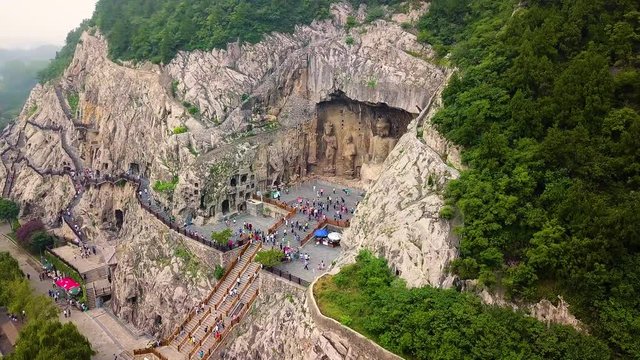 Panorama view of Fengxiangsi Cave. The main cave in the Longmen Grottoes in Luoyang, Henan, China.