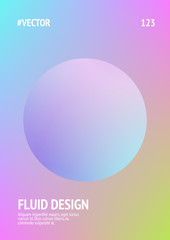 Fluid poster with round shapes. Gradient circles on holographic background. Modern hipster template for placards, covers, banners, flyers, presentations, annual. Minimal fluid poster in neon colors.