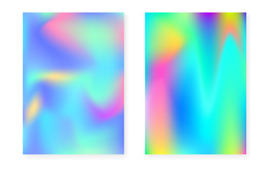 Holographic gradient background set with hologram cover. 90s, 80s retro style. Pearlescent graphic template for placard, presentation, banner, brochure. Spectrum minimal holographic gradient.