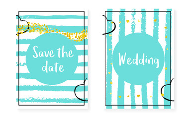 Bridal shower card with dots and sequins. Wedding invitation set with gold glitter confetti. Vertical mint stripes background. Trendy bridal shower card for party, event, save the date flyer